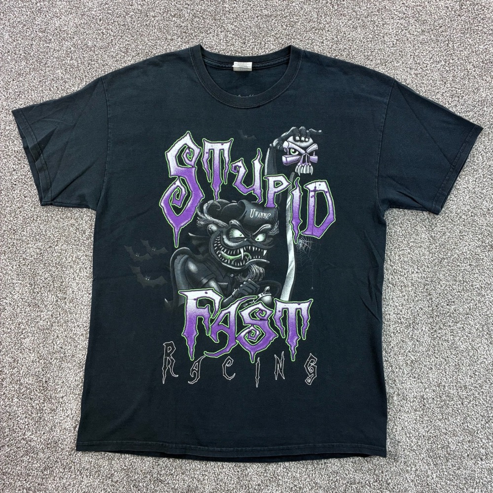 Vintage Y2K Stupid Fast Racing Shirt Mens Large Black Rat Fink Style Art Ed Roth